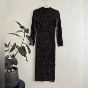 Sparkling gold/black high neck tight fit elastic midi dress with side opening